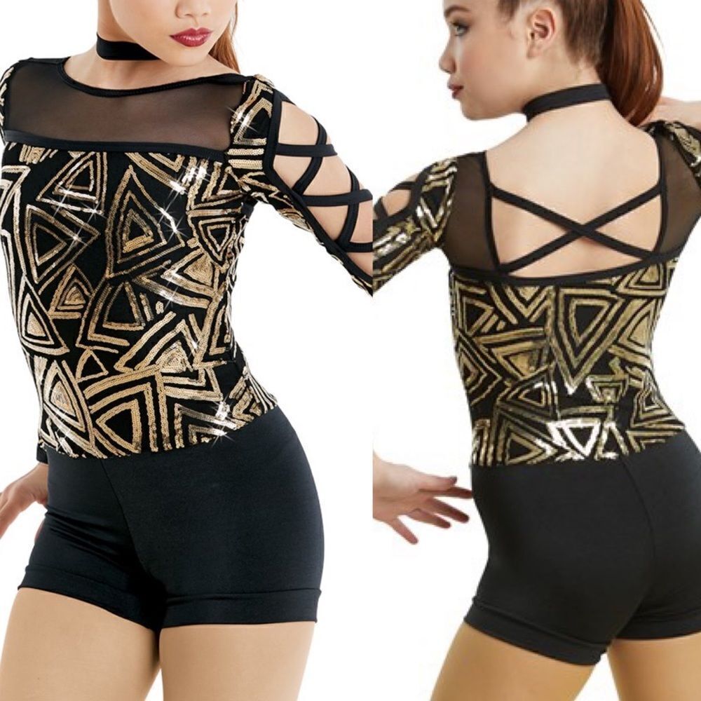WEISSMAN Dance Costume gold black biketard long sleeve Thumbs 10962 IC child 7/8